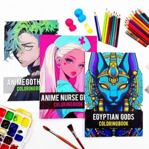 Adult coloring book set featuring anime goth, nurse and Egyptian gods designs with art supplies.
