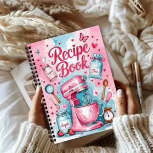 Simpatico ricettario rosa con rilegatura a spirale, illustrato con dolci motivi da cucina.