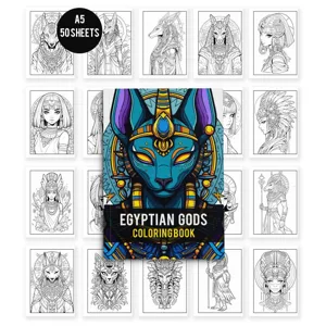 Egyptian gods coloring book for adults, A5 size with 50 sheets of anime coloring pages.