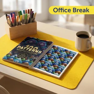 Detailed view of the 100 patterns mindful coloring book with markers and coffee cup setup.