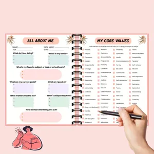 Quaderno diario di crescita di consapevolezza di sé con pagine di valori chiave personali.