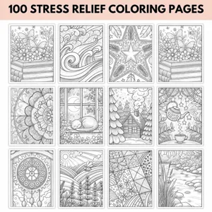100 stress relief coloring pages for adults, anti-anxiety coloring book with floral and nature designs.