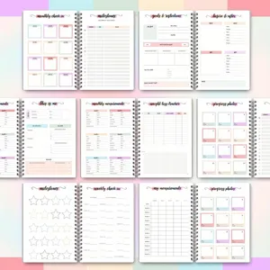 Detail view of motivational weight loss planner interior pages, habit tracker and fitness log.
