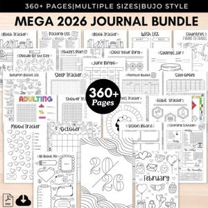 2026 digital journal bundle featuring 360+ pages of bullet planner layouts and daily templates.