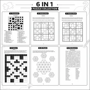 Pagina di dettaglio del libro di puzzle 6-in-1 con cruciverba, sudoku e giochi di logica.