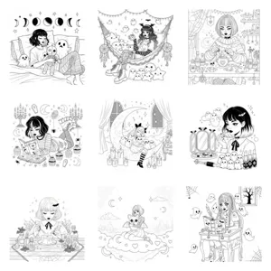 Detailed view of gothic lolita coloring book pages featuring cute ghosts and magic potion arts.
