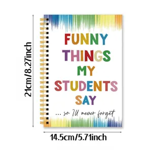 Detailed view of the colorful spiral notebook showing clear cover text and dimensions.
