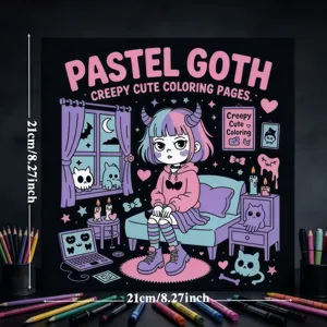 Pastel goth coloring book detail, cute and spooky cute illustrations, single sided coloring pages.