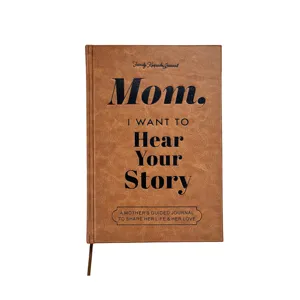Detailed close-up of the vintage brown leather cover mom story guided journal notebook.