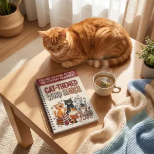 Katten-thema woordzoekpuzzelboek met schattige illustraties, spiraalgebonden vrijetijdsboek.