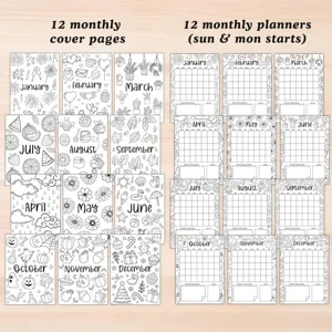 2026 printable planner coloring calendar with 12 monthly cover pages and monthly layouts.