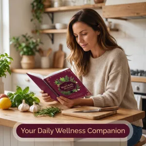 Detailed view of natural healing handbook placed on wooden kitchen counter with herbs.