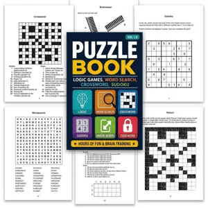 Libro di puzzle con giochi di logica, parole crociate e sudoku per allenare la mente.