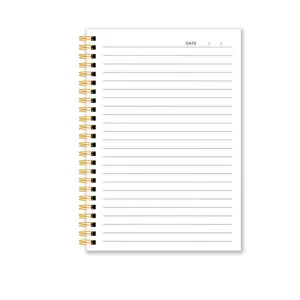 Lined spiral notebook with golden double wire binding and clean white pages for daily writing.