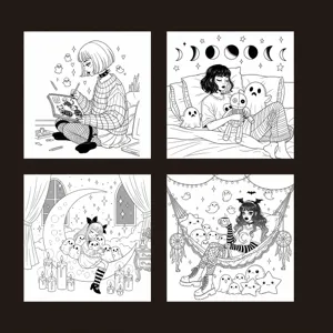 Dark gothic loli coloring book detail page featuring cute spooky ghost and girl line art design.