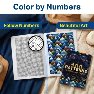 Adult mindful coloring book with 100 patterns, stress relief number coloring activity for relaxation.
