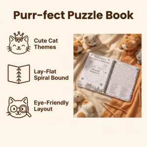 Kattenthema woordzoeker puzzelboek met schattige illustraties en handige spiraalbinding.