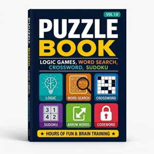 Vista dettagliata del libro di puzzle educativo con giochi di logica e attività mentali.