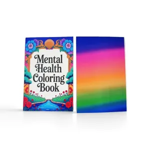 Adult mental health coloring book detail, vibrant floral cover and rainbow back design.