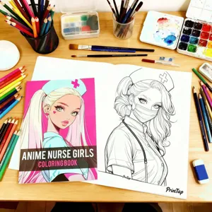 Detail view of anime nurse coloring book page with art supplies on wooden desk flat lay setup.