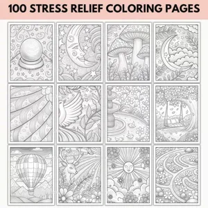 Detailed view of adult stress relief coloring book showing intricate botanical line art scenes.