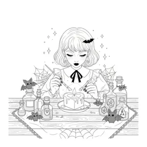 Dark gothic lolita coloring book page with cute girl, magic potions and bats for art painting.