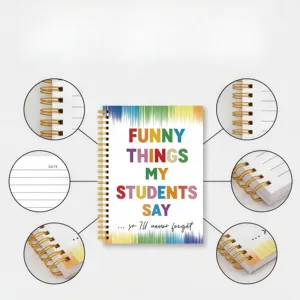 Spiral notebook with colorful typography design for teachers and students notes daily use.