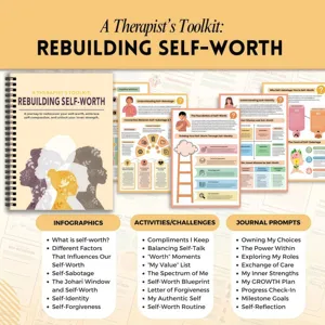 Therapist toolkit workbook for rebuilding self-worth, inner strength and personal growth.