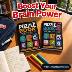 Vista dettagliata dei libri di puzzle sulla scrivania con giochi logici, parole e sudoku.
