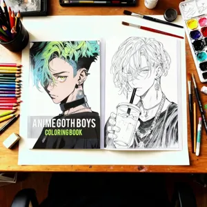 Detail view of open anime goth boys coloring book with art supplies on wooden desk surface.