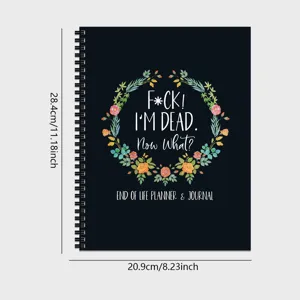 Detailed view of the black spiral planner with floral design and dimension specifications.