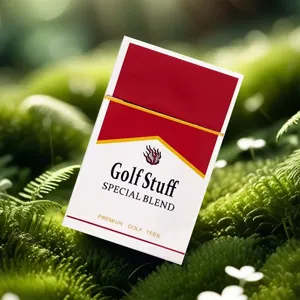 Creative golf tees set in a unique red and white cigarette box style package on moss.
