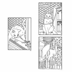 Cute cat coloring book detail page, stress relief doodle line art illustration for cat lovers.