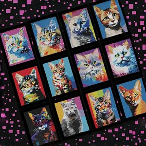 Pixel cat coloring book pages showcase, vibrant mosaic art design for creative drawing enthusiasts.