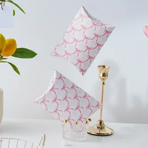 French Romantic Paper Gift Box Pink Bowknot Plaid Pillow Box For Cookie Biscuit Candy Gift Packaging Wrapping Party Supply Box