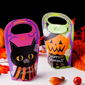 Halloween candy paper box with cute cat and pumpkin designs, ideal for party treats and gifts.