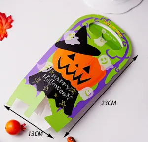 Halloween pumpkin candy paper gift box with handle, festive party treat packaging detail view.