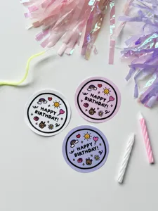 Round cartoon birthday stickers pack, cute happy birthday sealing labels for gift wrapping packaging.
