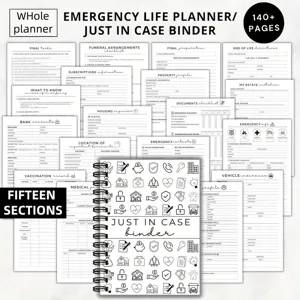 Emergency life planner binder with 15 sections and 140 plus pages for personal and family use.