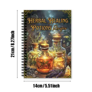 Detailed view of the vintage herbal healing potions themed A5 spiral notebook cover design.