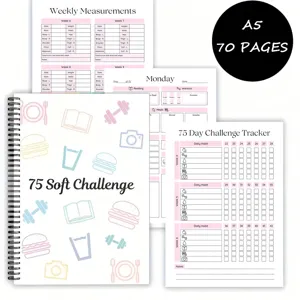Detailed view of the 75 soft challenge planner showing daily habit tracking pages and weekly measurements.