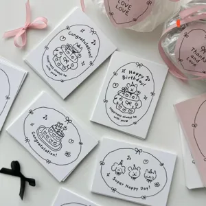 Minimalist Black White Hand Drawn Greeting Cards Birthday Blessing Cake Flower Gift Message Note Card Pack for Party Decoration