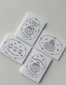 Minimalist black and white hand-drawn birthday greeting cards detail view, 30pcs gift message cards.