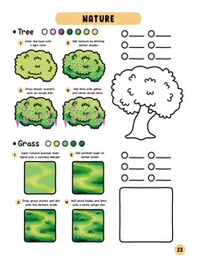 Page de tutoriel de dessin detaillee montrant le guide etape par etape des arbres et de l'herbe.