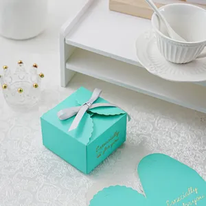 Tiffany blue favor box with silver ribbon and gold foil text for wedding birthday party gifts