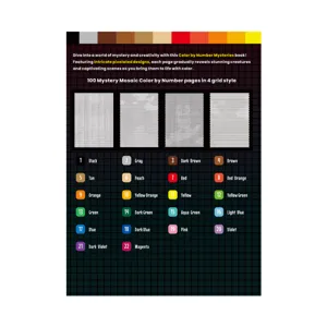 Descubre 100 páginas de mosaico misterioso para colorear por número con 4 estilos de cuadrícula y colores.