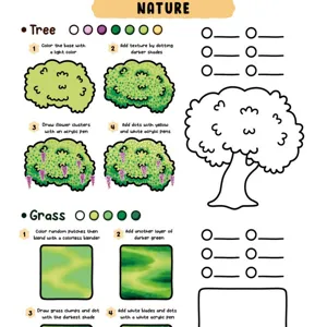 Page de tutoriel de dessin et de coloriage sur le thème de la nature avec des guides étape par étape.