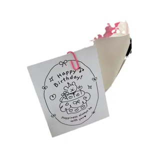Minimalist black and white birthday greeting card featuring cute hand-drawn bear and cake.
