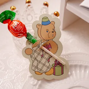 Lindo juego de tarjetas de felicitación de piruleta de oso de dibujos animados naranja.