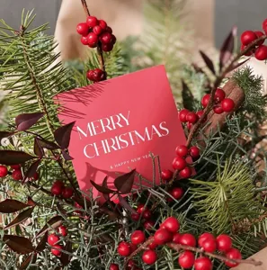 Carte de vœux de Noël rouge avec des souhaits de fête, idéale pour bouquet et décoration photo.